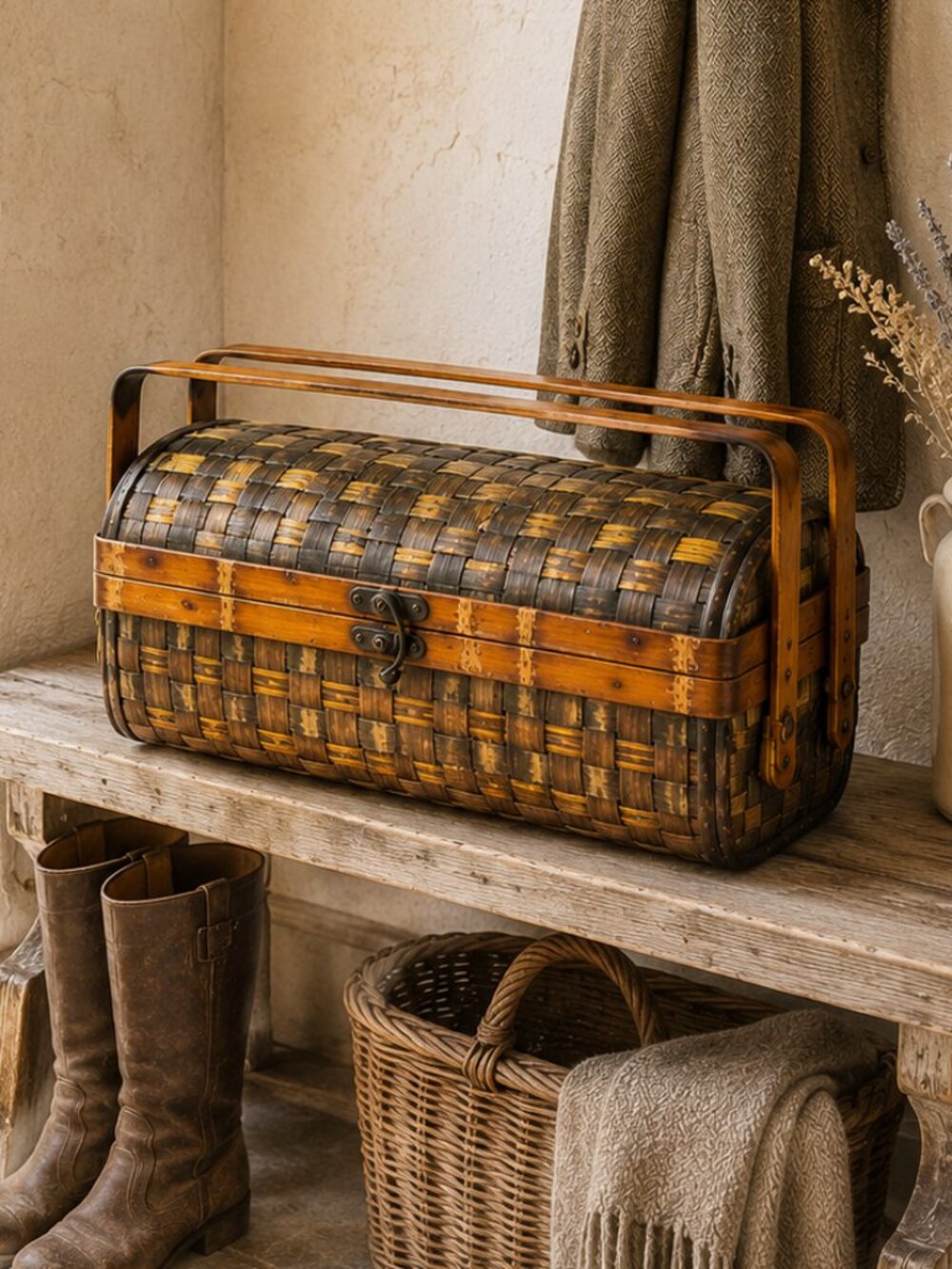 Vintage Woven Wood Basket with Hinged Lid & Double Handles